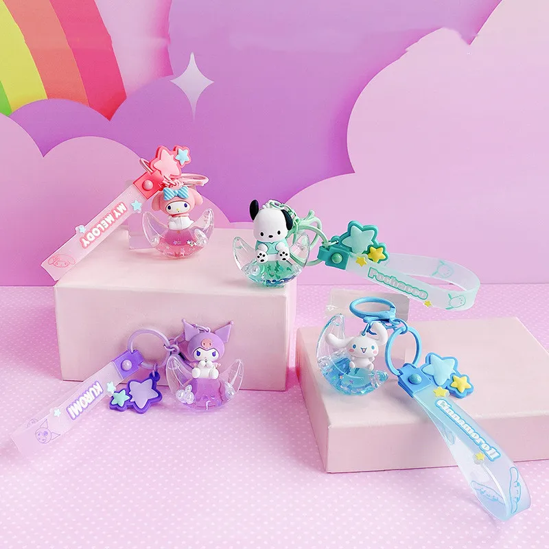 Kawaii Cartoon Oil Into Key Chain Bag Pendant Cute Quicksand Liquid Milk Cup Tea Melody Cat Liquid Floating Keychain