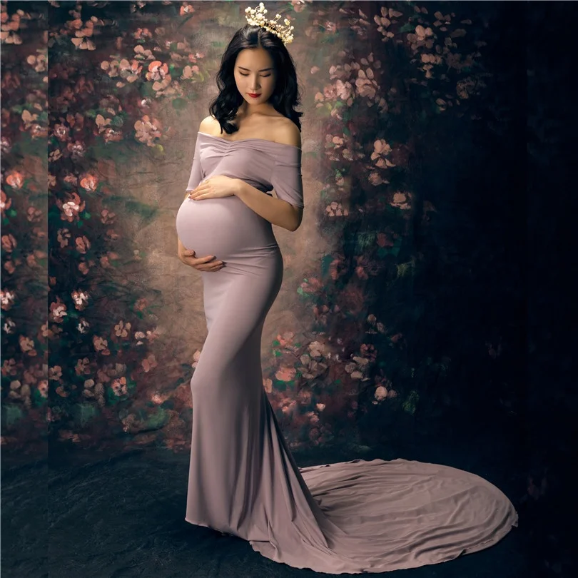 Jersey Slim Fit Maternity Dress For Photography Soft V-Neck Pregnant Clothes Maternity Gown for Photo Shoot