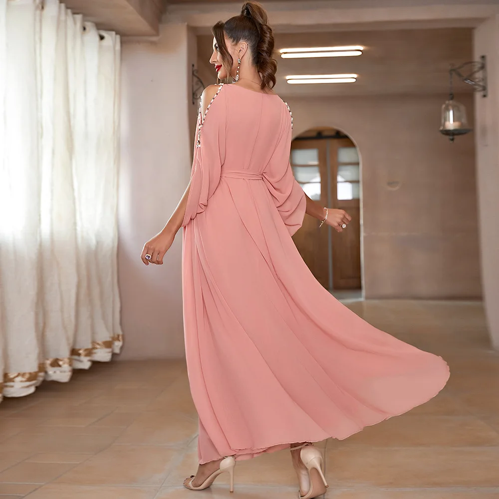 Custom Dubai Turkey Kaftan Muslim Cardigan Abayas Dresses Diamonds Chiffon Off Shoulder Party Gown Djellaba