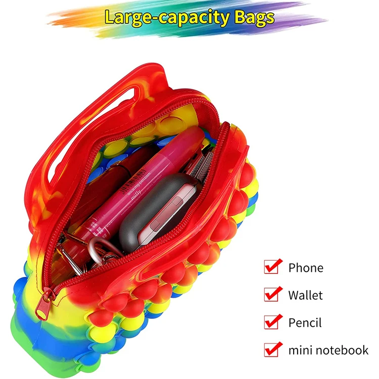 Fidget Sensory Handbag Clutch Bag Rainbow Bubble Cute Relieve Stress Silicone Makeup Bag