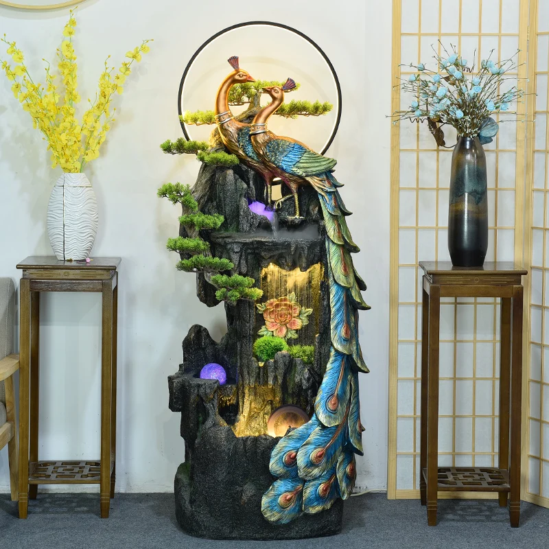Peacock generates wealth, circulating water ornaments, Feng Shui wheels, living room, TV cabinet, nearby, attracting wealth,