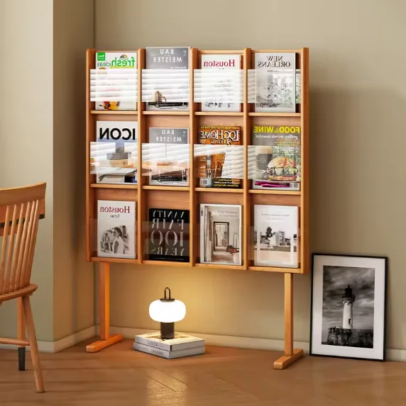 School Library Newspaper Brochure Wood Display Stand Custom Magazine Book Display Shelf Cabinet