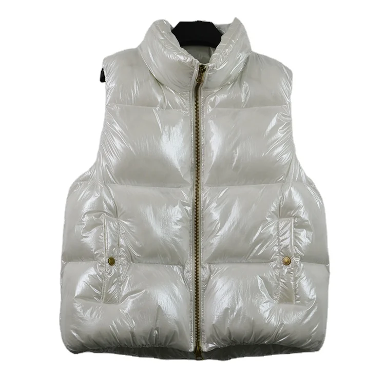 
S-XL Stand Collar 390g Polyester White Winter Quilted Bubble Coat Vest Shiny Puffer Vest Women 