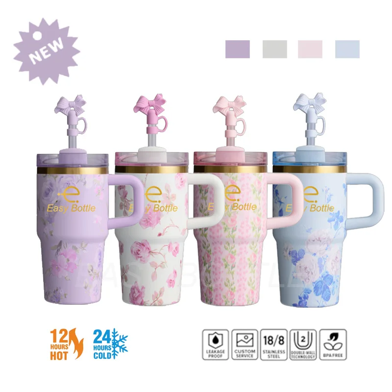 New H2.0 Stainless Steel Gold Copper 14oz 20oz Kids Tumbler Kids Water Bottle With Handle Custom Flower Pattern Back To School