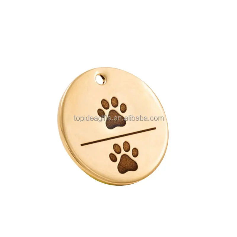 Stamped Paw Logo Metal Id Tags 316 Stainless Steel Engraved Disc Charm Pendants Gold