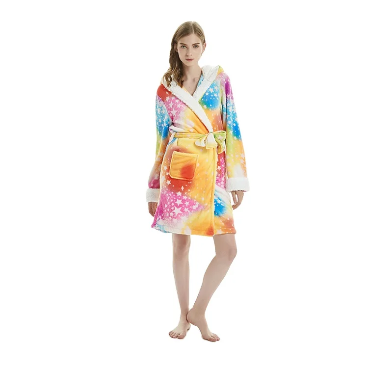 Wholesale adult flannelette cartoon animal unicorn home male and female couples with hat robe bathrobe