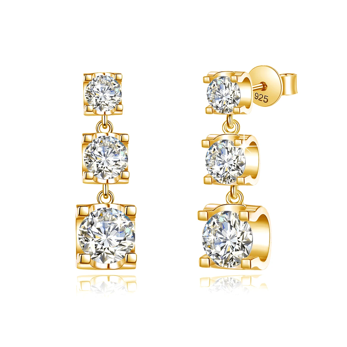High Jewellery 925 Sterling Silver 3 Stone Round Moissanite Diamond Square Long Fine Earrings