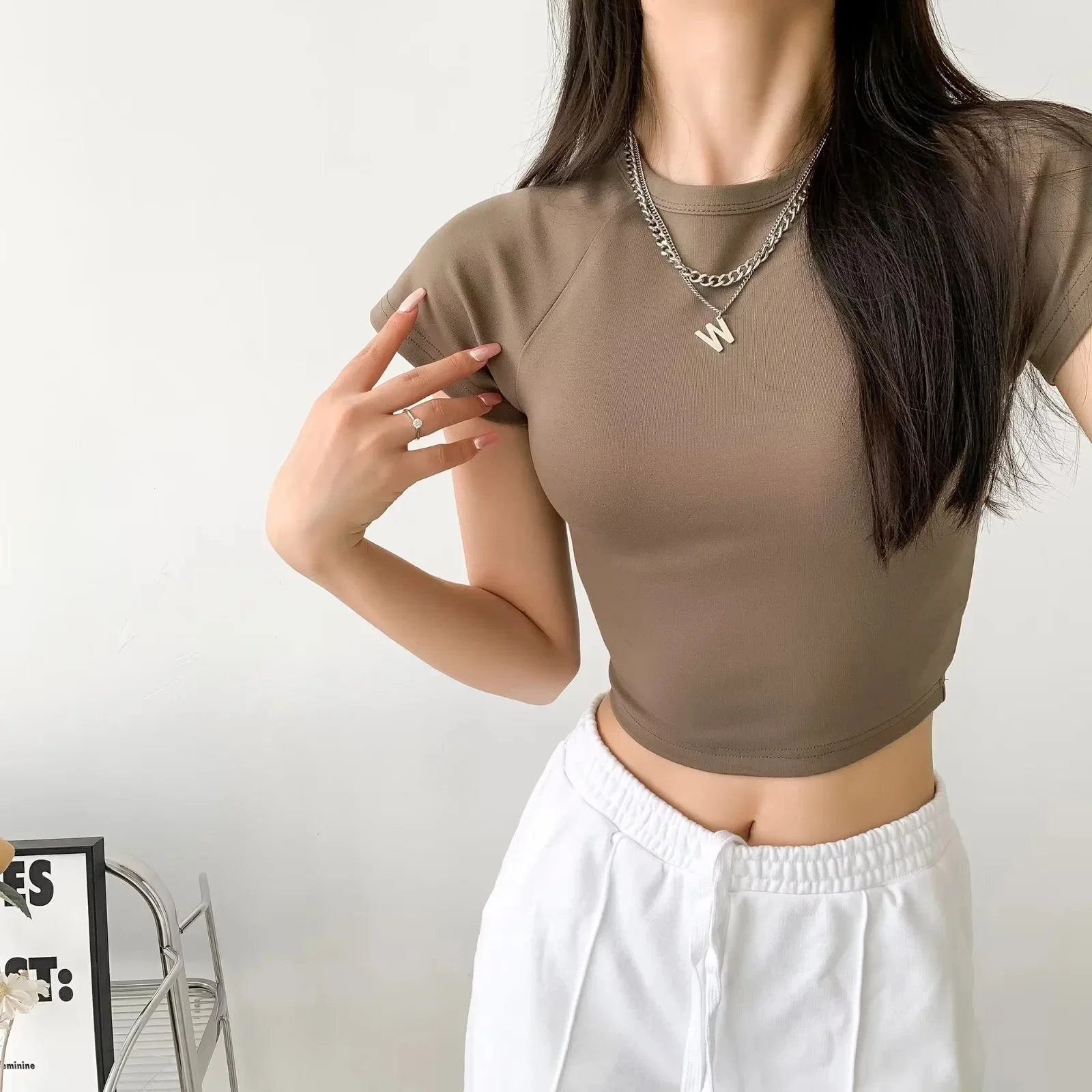 T shirt Manufacture Crop Bady Tee Custom logo Cute crew neck raglan seam short sleeve crop t shirts for women