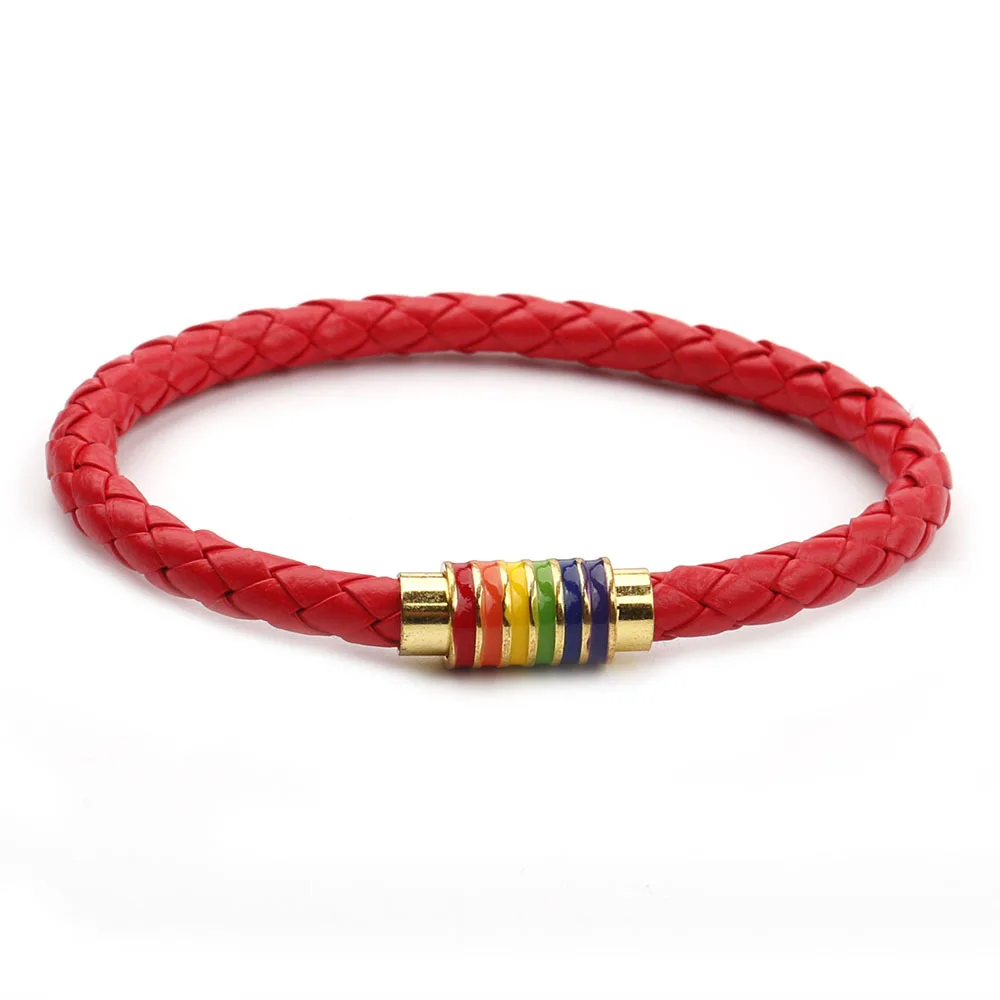 Genuine Braided Leather Bracelet Custom Women Men Stainless Steel  Rainbow Magnetic Clasp Charms Bracelet Gift Gay Pride Black B