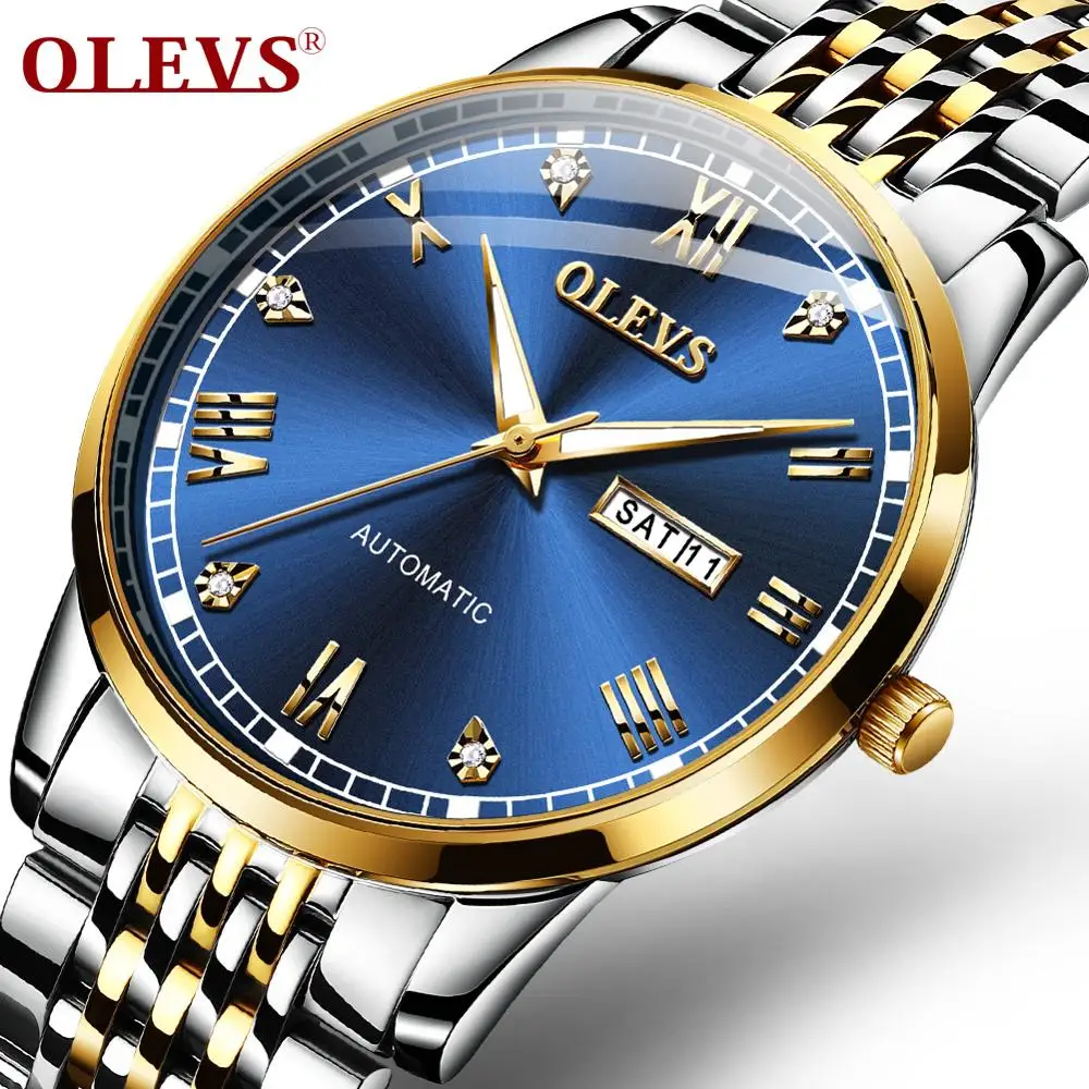 
OLEVS OEM Luxury Automatic Movement Stainless Steel Custom Logo Waterproof Men Automatic Mechanical Blue Dial Men Watch 