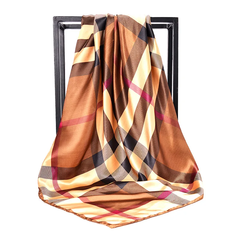 2020 Foreign trade hot plaid printed satin silk scarf 90*90cm large square scarf Malaysia hijab