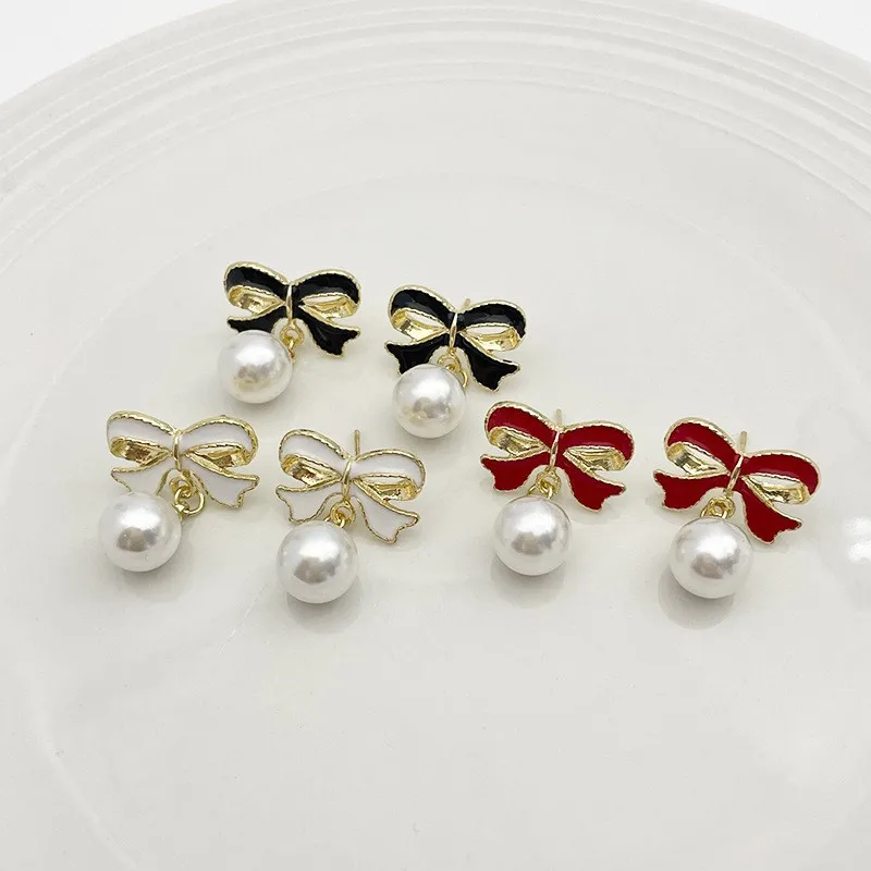 Korea Drip Oil Bowknot Pearl Stud Earrings for Women Girls Style Fashion Jewelry Earring Jewelry