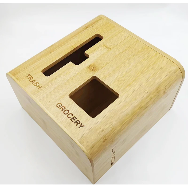 Factory Custom Bamboo Wall Mounted Grocery Trash Bag Holder Storage Organizer 2 in 1 Dispenser