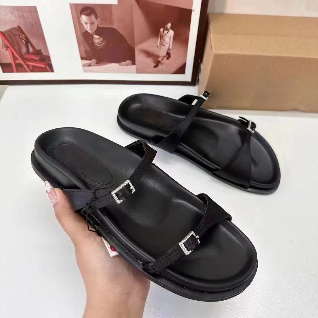 2024 New Square Head Satin Fabric Shallow Mouth Flat Casual Buckle Roman Slippers Woman Soft Sole Flats