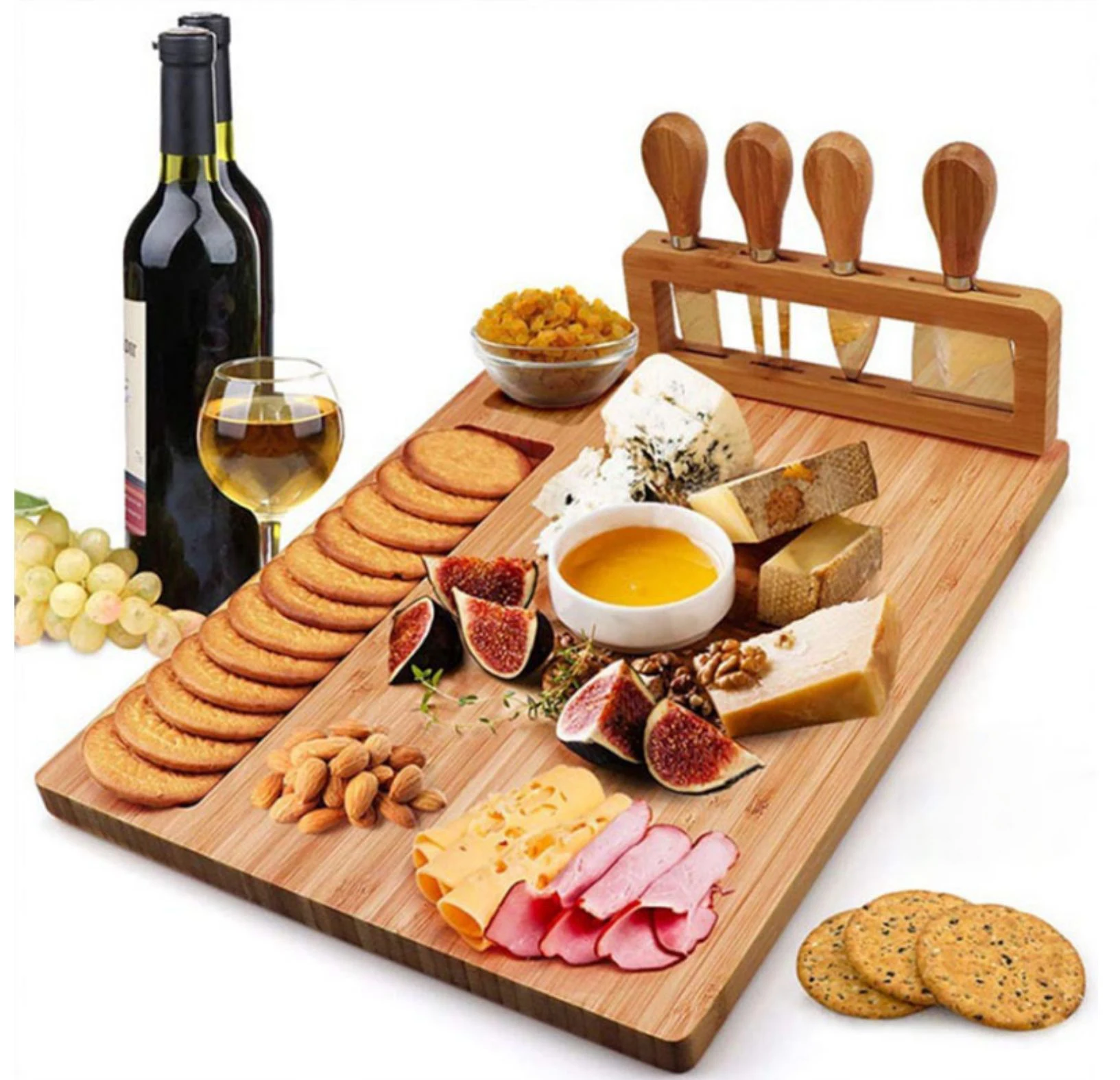 Amazon Hot Custom Wooden Bamboo Cheese Board Set With Cutlery In Slide Out Drawer Platter