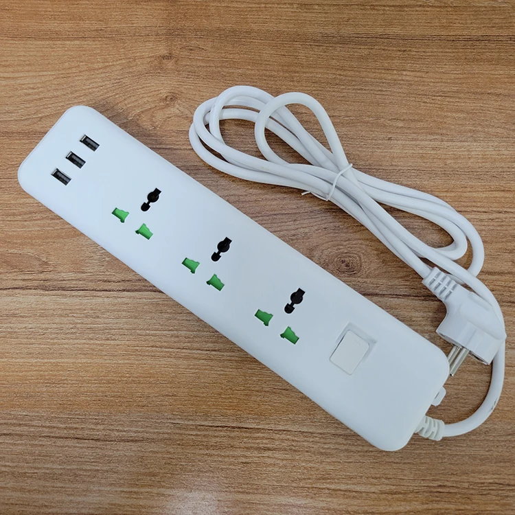 10A 2500W  110-250V 2-meter long universal hole outlet power strip with 3 USB ports for household use