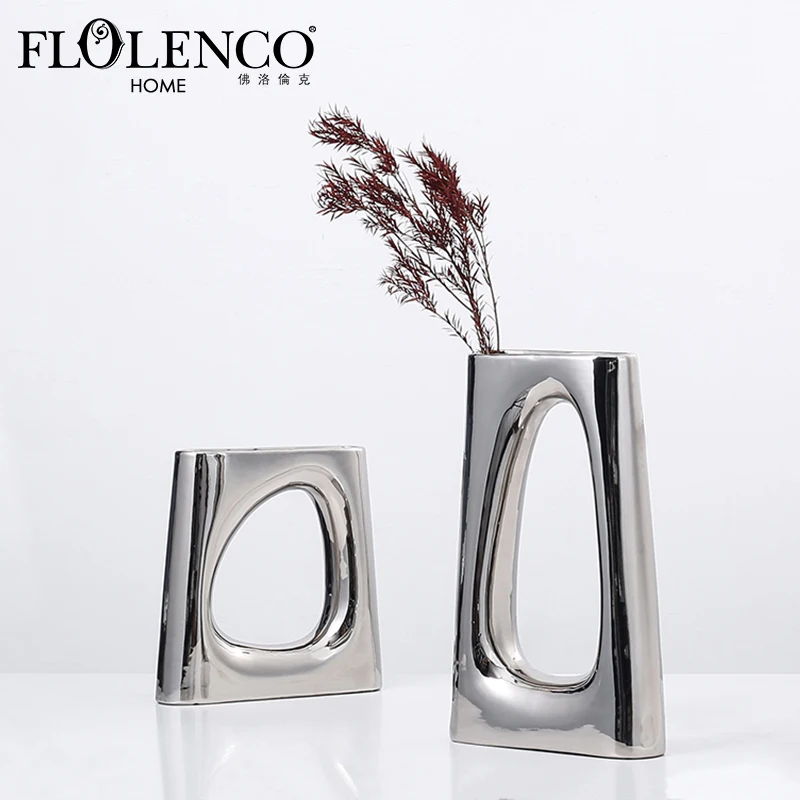 FLOLENCO Hollow Geometric Decorative Flower Vase for Interior Desktop Living Room Home Decor Ceramic Vase