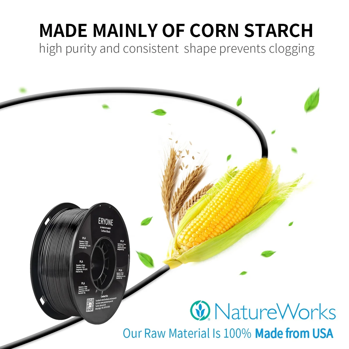 Eryone Carbon Black 3D Print Standard PLA Filament Best Quality Imported Material Filament 1.75mm 1kg 0.03mm Diameter Tolerance