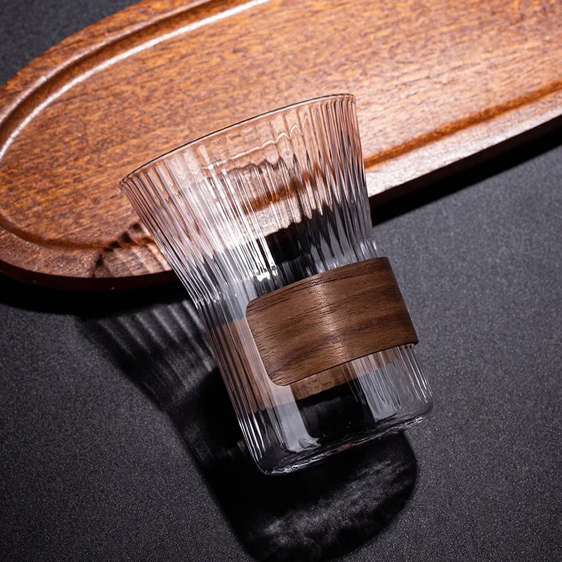 Japanese Style Handmade Vertical Stripe Coffee Mug With Bamboo Ring Glass Drinking Tea Cup with Wood Anti-scalding design