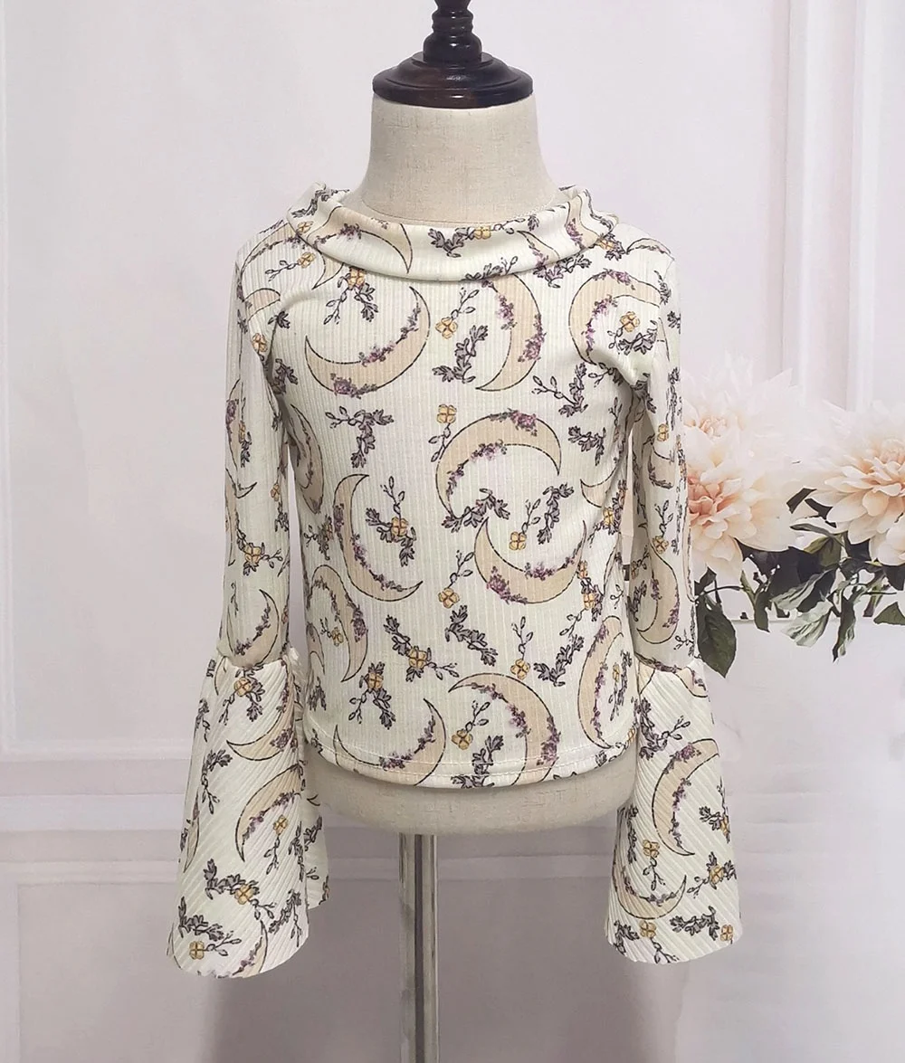 
Hot selling item kids clothing flare sleeve tops pattern printed bells sleeve tops for girls 