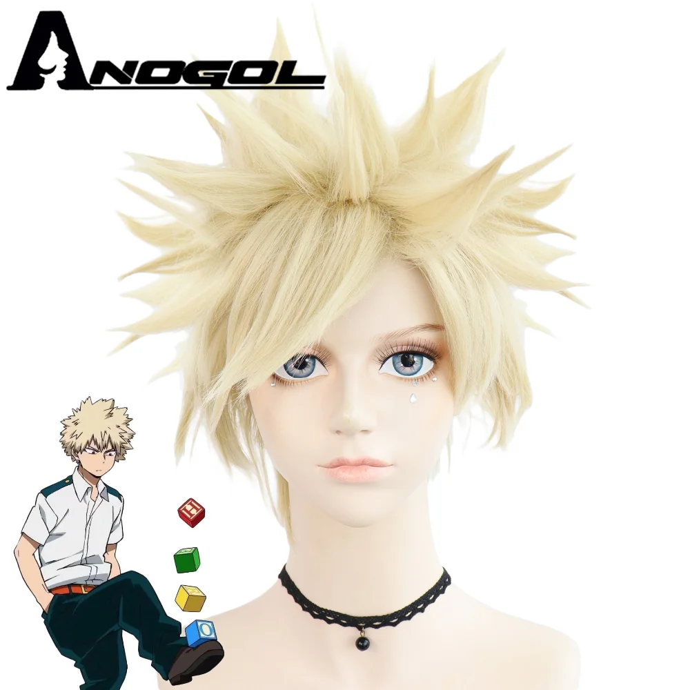 Anogol Anime My Hero Academia Baku No Hero Bakugou Katsuki Short Straight Blonde Synthetic Cosplay Wig For Halloween Costume