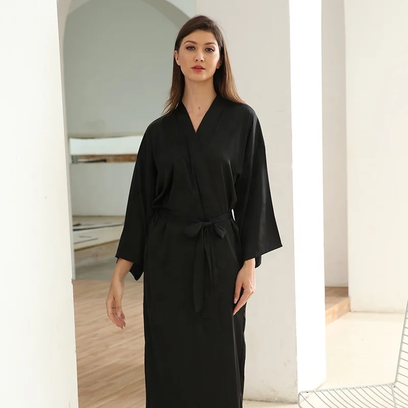 Long luxury ladies nightgown black bathrobe satin bridesmaid robe women plain kimono robe 6040