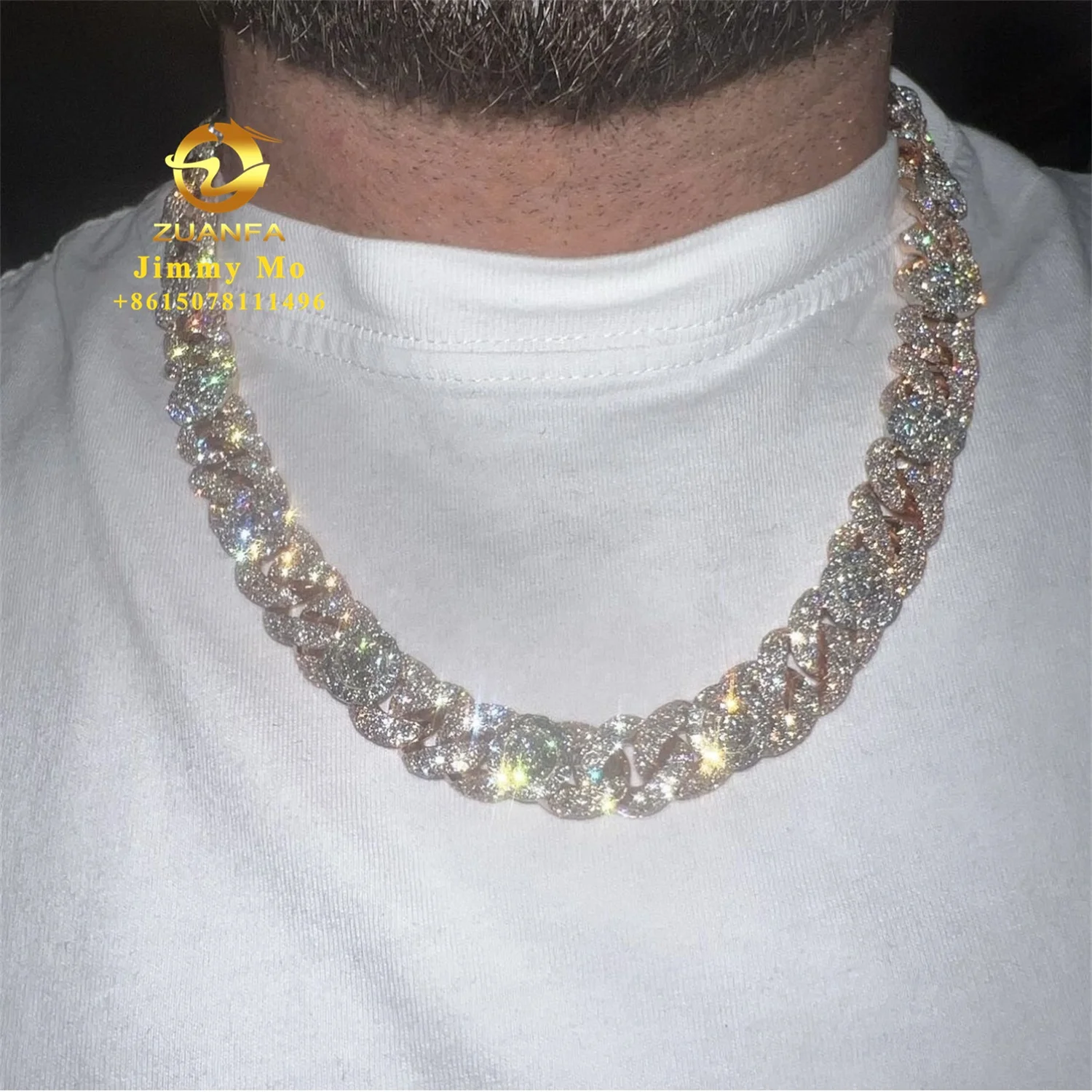 New Style Popular 18mm Width  Iced Out Man Hip Hop Jewelry Pass Diamond Tester VVS1 Moissanite Flower Cluster Cuban Link Chain