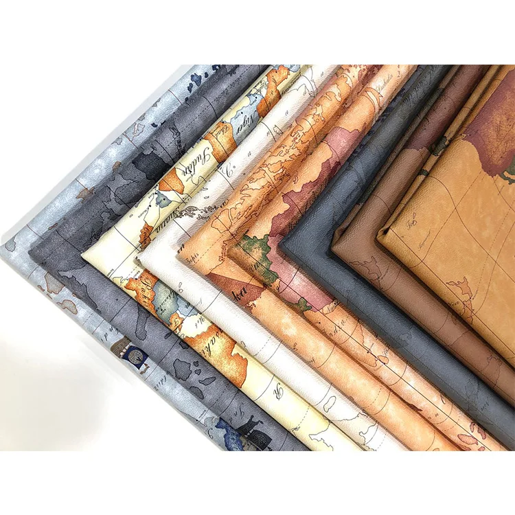 High quality world map pattern PU PVC fabric artificial synthetic leather for bags shoes belts