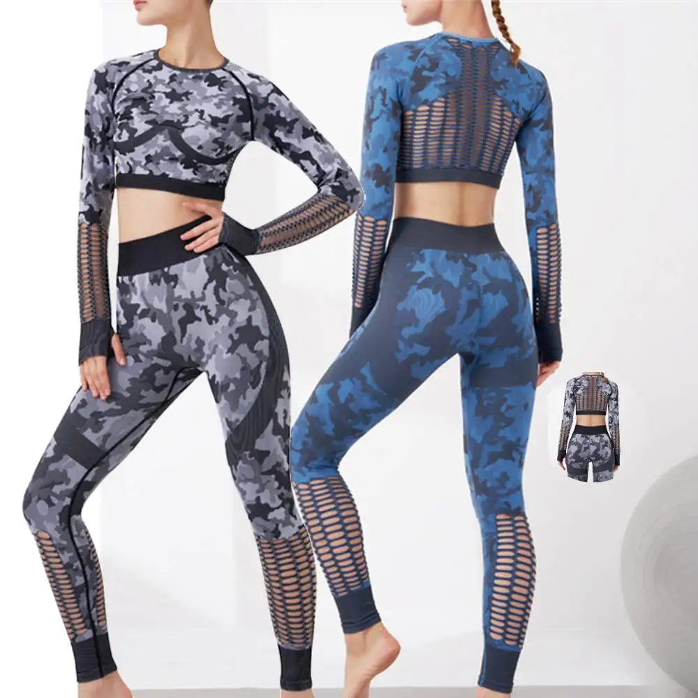 
High Waist 2PCs Seamless Women Workout Set Camouflage Yoga Crop Top Leggings Knitting Hollow Design activewear manufacturer 