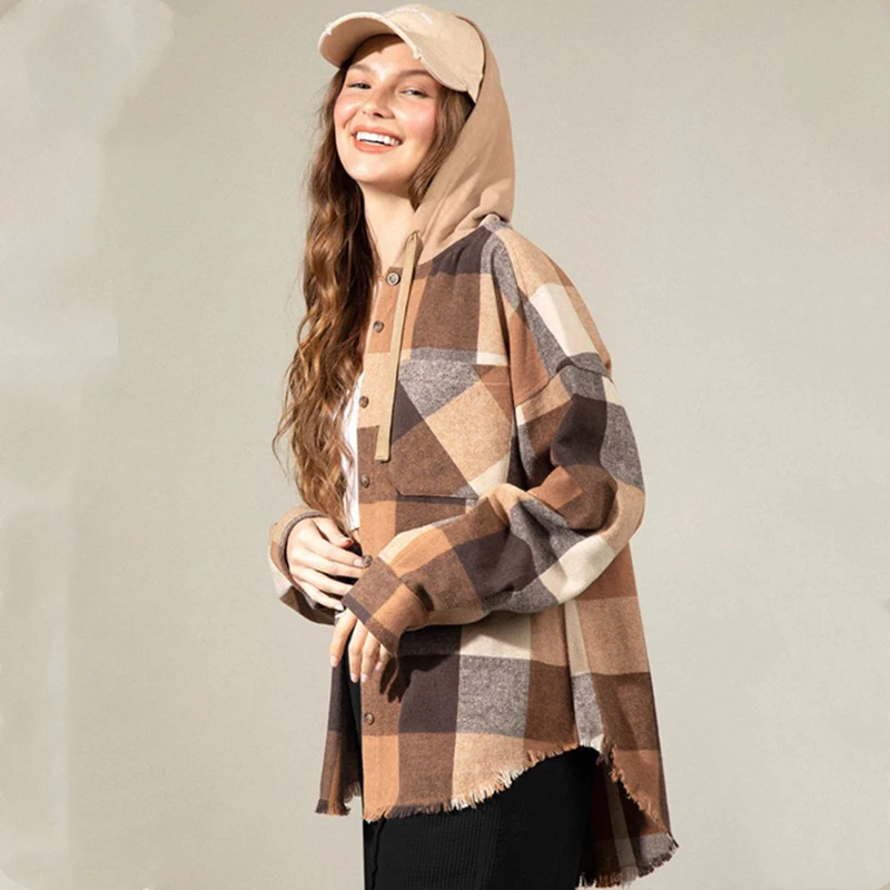 Custom Women Hooded Plaid Shirt Tops Fashion Casual Long Sleeve Hoodie Button-up Blouse Outwear