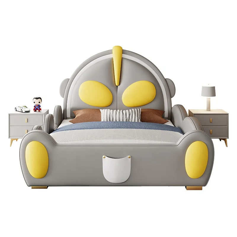 Ultraman single bed Solid wood with guardrail soft cover headboard slide Cartoon castle boy leather bed
