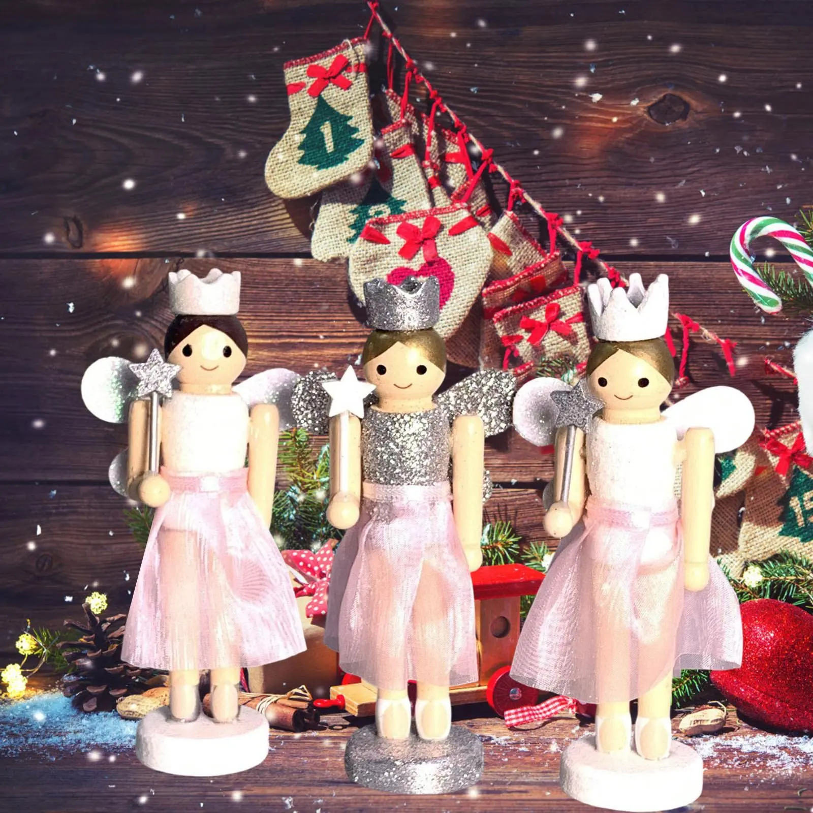 Christmas Decoration Supplies Navidad Ornaments Wooden Crafts Pink Nutcracker Ballet Angle Wooden Nutcracker For Christmas