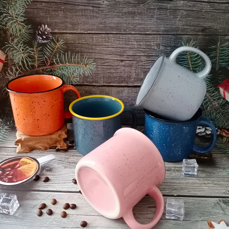 Wholesale Hot Sale Cheap 15oz 16oz Vintage Speckled Camping Cup Enamel Stoneware Custom Logo Printed Ceramic Campfire Coffee Mug