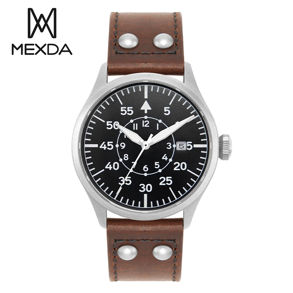 Mexda Relojes Sapphire Crystal Pilot Watches for Men Luminous 10atm Waterproof Date Display Brown Leather Strap Mens Watch
