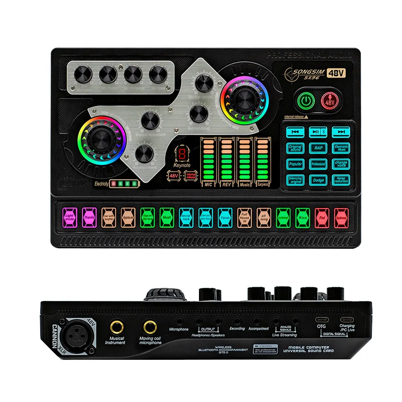 Live Sound Card Audio Interface Sound Board with Multiple DJ Mixer Effects Voice Changer LED Light Prefect for Streaming