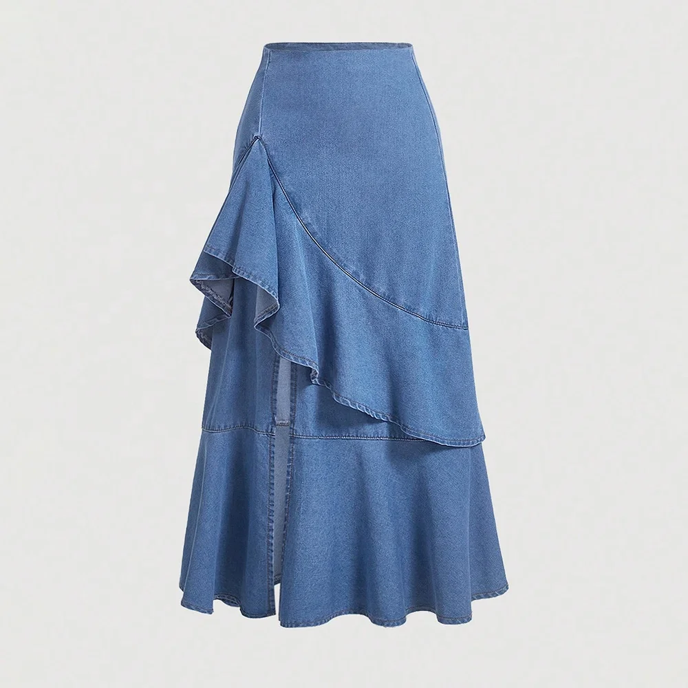 WS144 custom denim maxi skirt ruffle trim denim skirt women