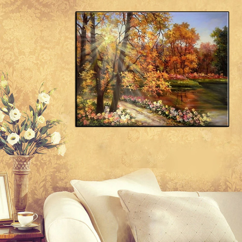 
Hot Selling 5d Diy Diamond Paintings Indoor Decorative Paintings with Flowers and Trees by The River Cross Stitch Embroidery 