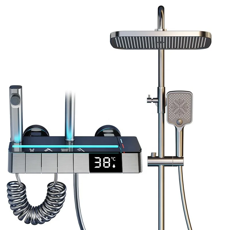 Voriva Luxury Brass piano Digital Display Bathroom LED Shower Faucet Rainfall Shower System 4 Functions Bathroom Shower Mixer