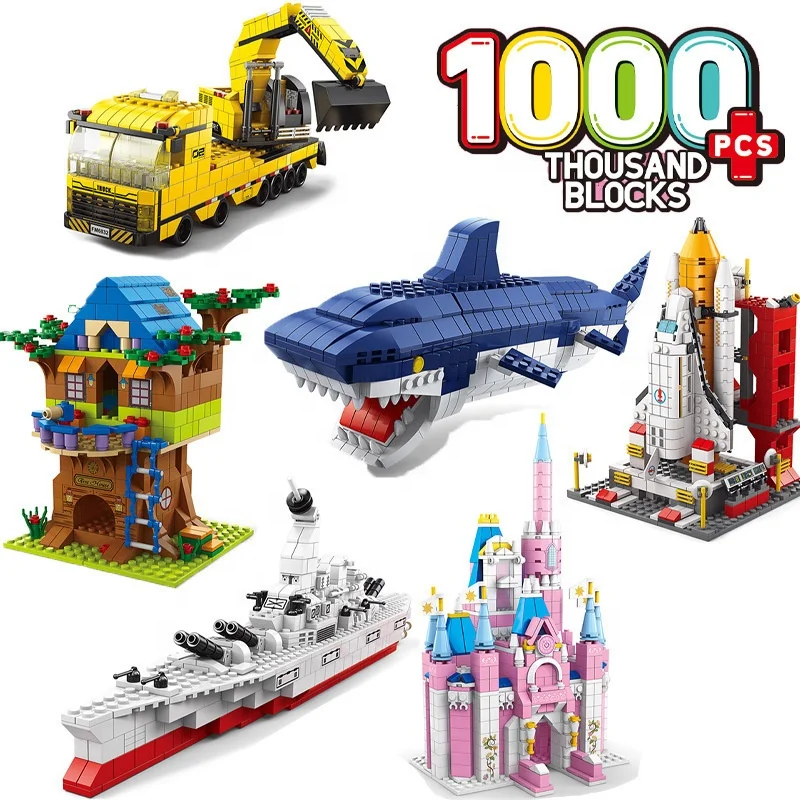 1000pcs Building Blocks Airplane City Castle Police Military Fire Building Sets 6 In1 Construction Block Kids Toys