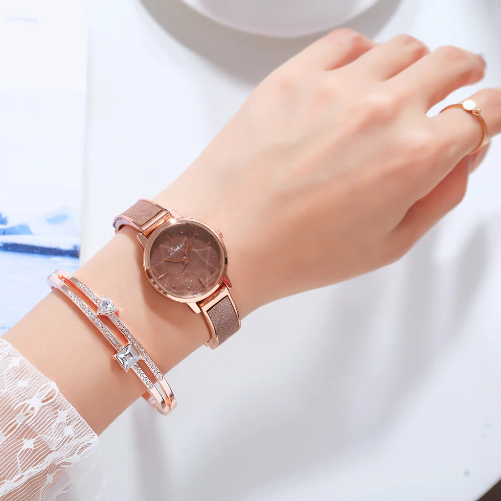 
Lvpai Brand Luxury Bracelet Rose Gold Starry Sky Dial Dress Watch For Women Simple Rhinestone Business Quartz Clock Wristwatch 