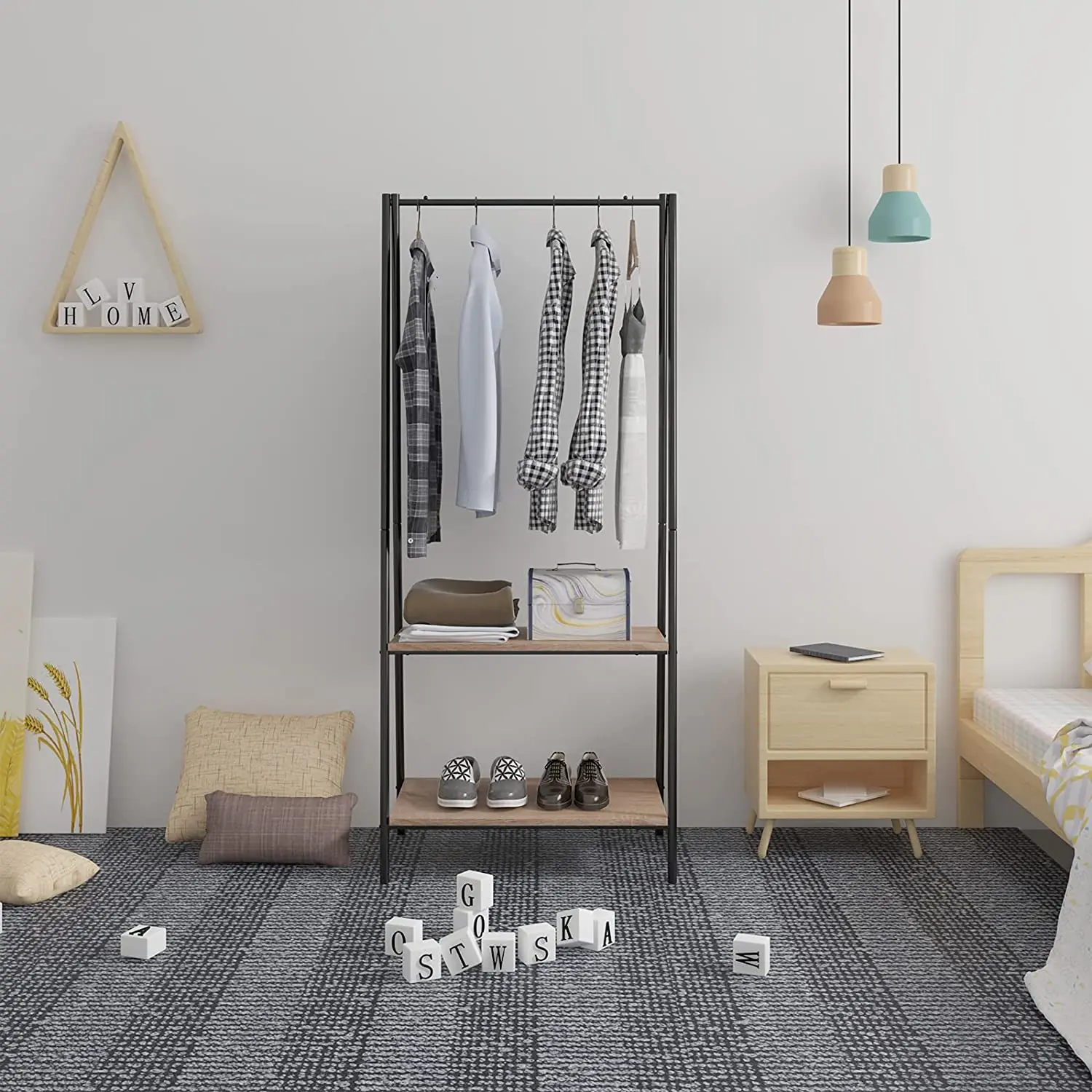 Modern Metal and Wood Clothes Stand with Shoe Rack Coat Hanger Stand for Home Hall or School Living Room Furniture