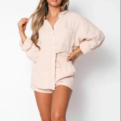 New fashion Fall clothes for women 2 Piece Shorts Set buttons Front Short Sleeve Crop Top Tracksuit Set  Pajama Women