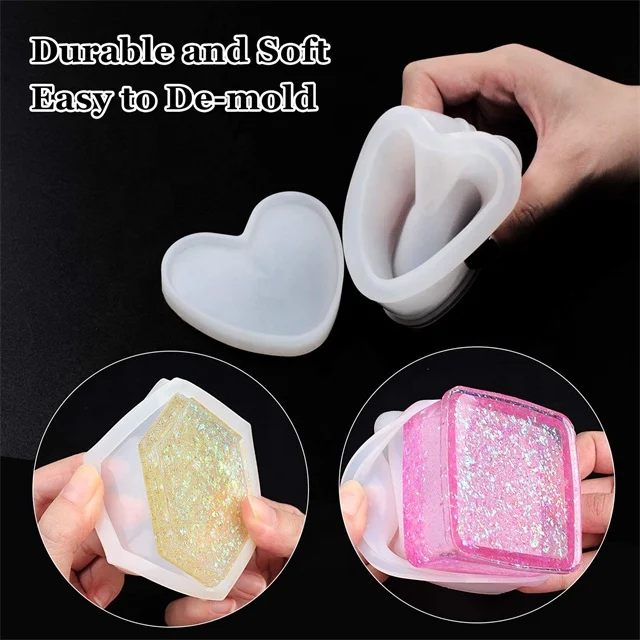 Jewelry Epoxy Mold Sets with Heart Shape Hexagon Square and Flower for Storing Earrings Rings Coins Keys Ashtray Candle Holder
