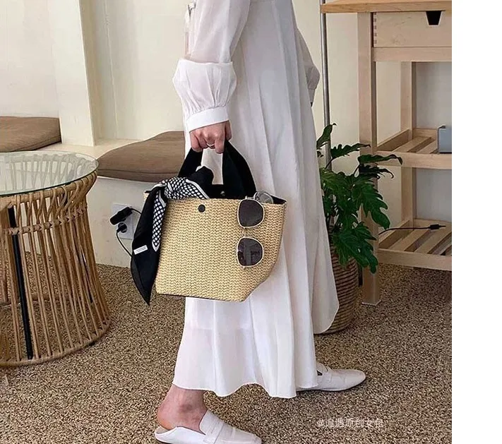Luxury Bucket  Countryside Straw Weaving Summer Beach Holiday woven bag retro leisure portable Handbags