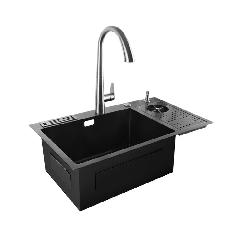 Ferreteria Manufacture Ss304 Black Nano Kitchen Sinks With Sink Rotating Cup Washer And Kichen Sink Faucet /Fregadero Negro