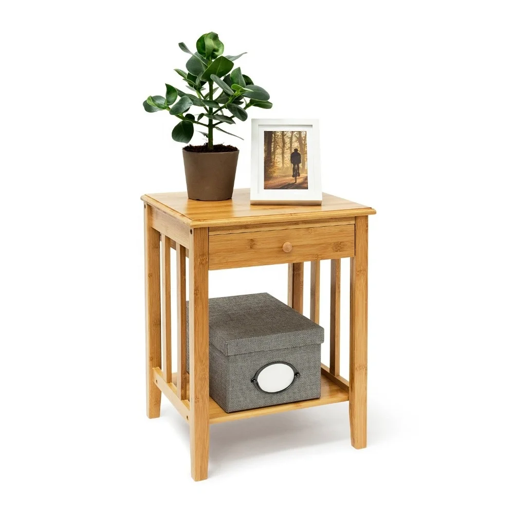 
Bamboo Night Stand with Drawer and Shelf Bedside Table Furniture 