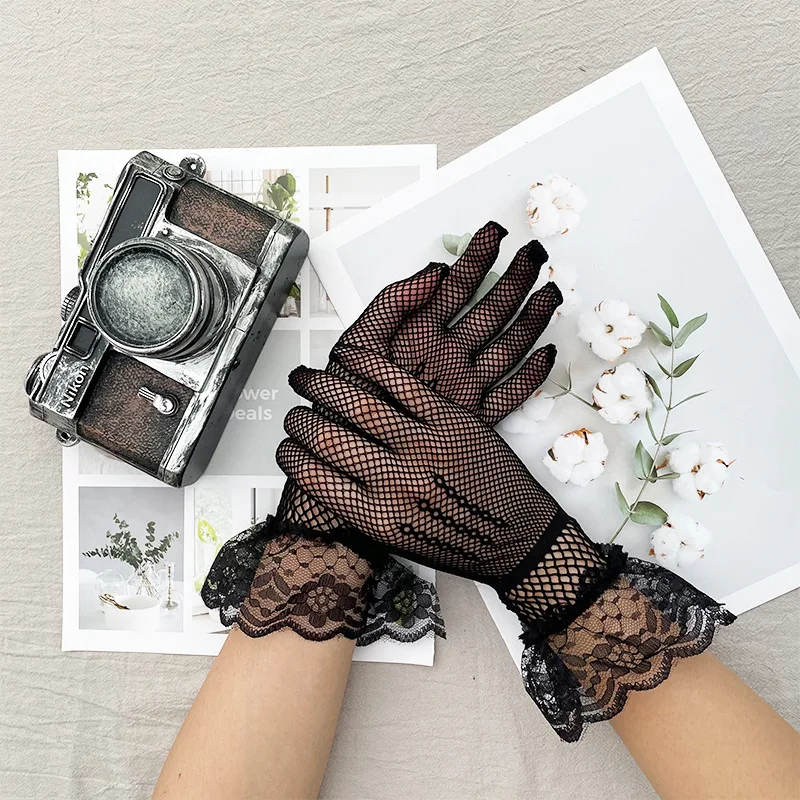 Women Black White Summer Driving Fashion Lace Gloves Full Finger Girls Bridal Mesh Fishnet Gloves