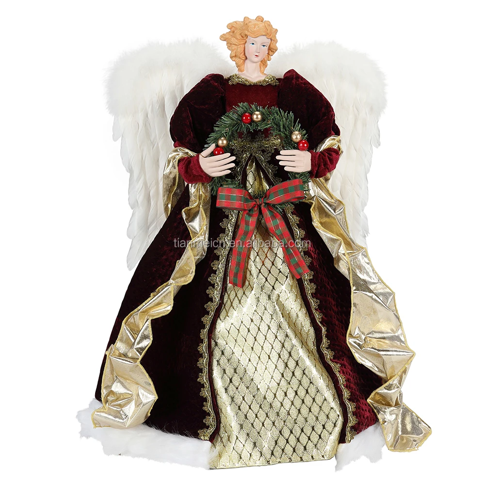 60cm Christmas garland Angel with White feathers Ornament Tree Top Figurines Collection Doll Xmas Traditional holiday Decoration