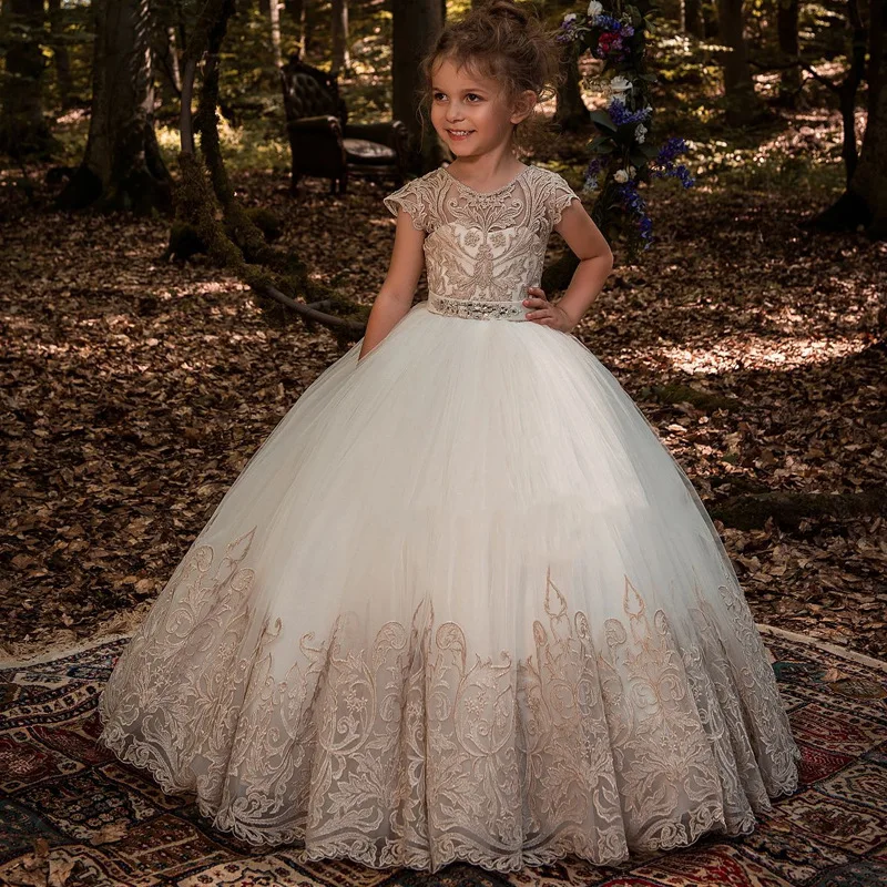 Fashion Hot Sale Photo Kids Clothes White Wedding Party Dresses Little Girls Short Sleeve Lace Ball Gown Chiffon Floral Support
