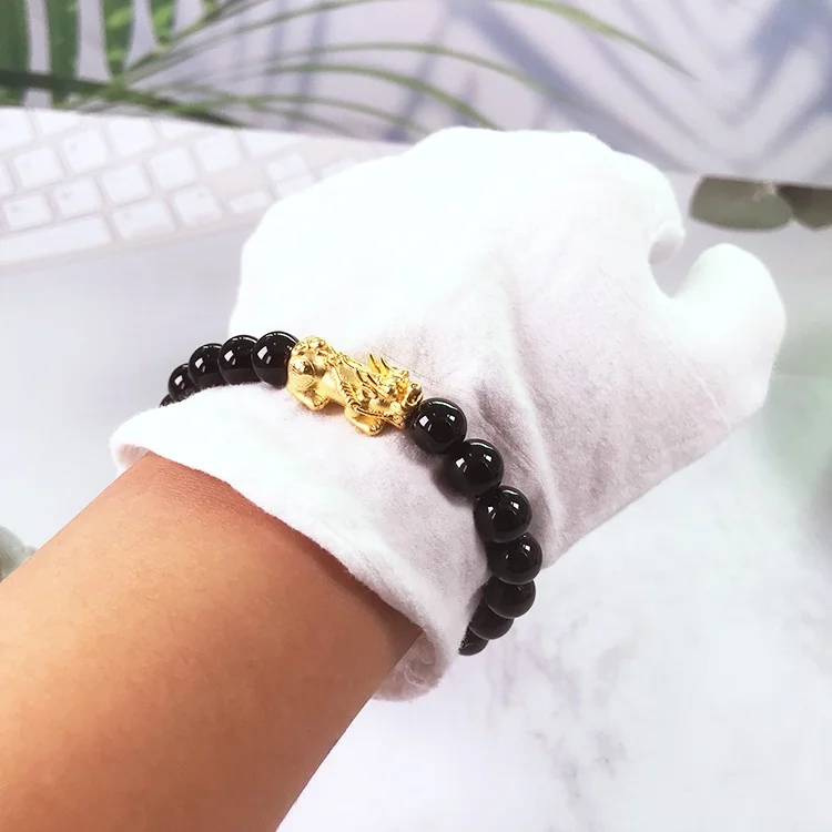 Firstmadam 24K Pure Gold 3D Hard Gold 2g Piyao Pixiu 8mm Beads Lucky Charms DIY Bracelet